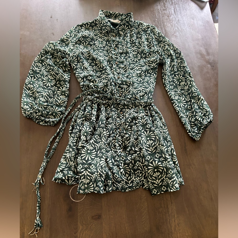 Zara green floral belted long sleeve mini dress maroon full skirt - Picture 5 of 13